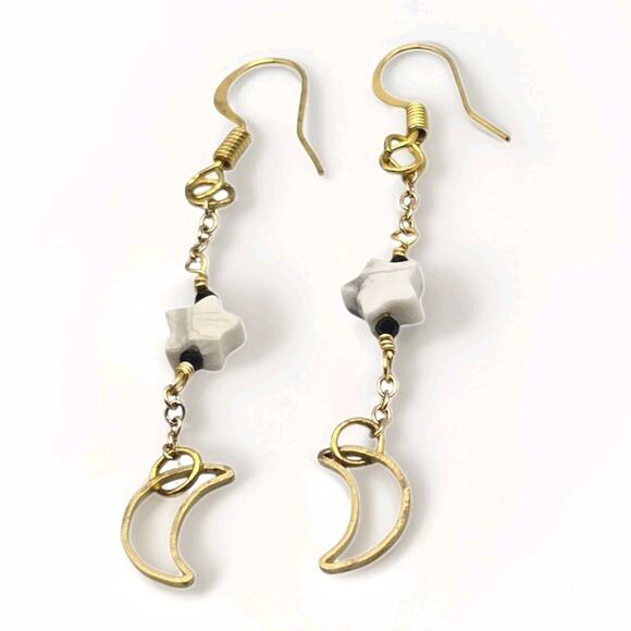 Minimalist Moon Star Earrings Pierced Gold Tone Celestial Themed French Wire - Picture 1 of 5